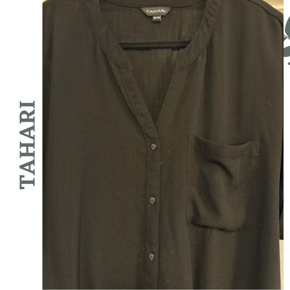 🛍️3/$40 Tahari Lightweight Tie-Front Blouse Linen Look Black Short Sleeve  – XXL - Picture 3 of 6